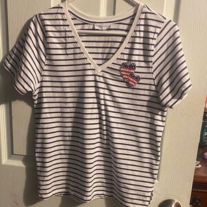 Cynthia Rowley White & Navy Striped V-Neck Tee with Flag Heart Patch
